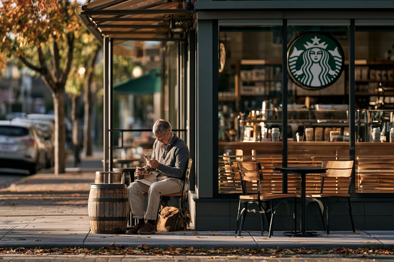 A customer seated outside a national-chain coffee shop on a tree-lined street