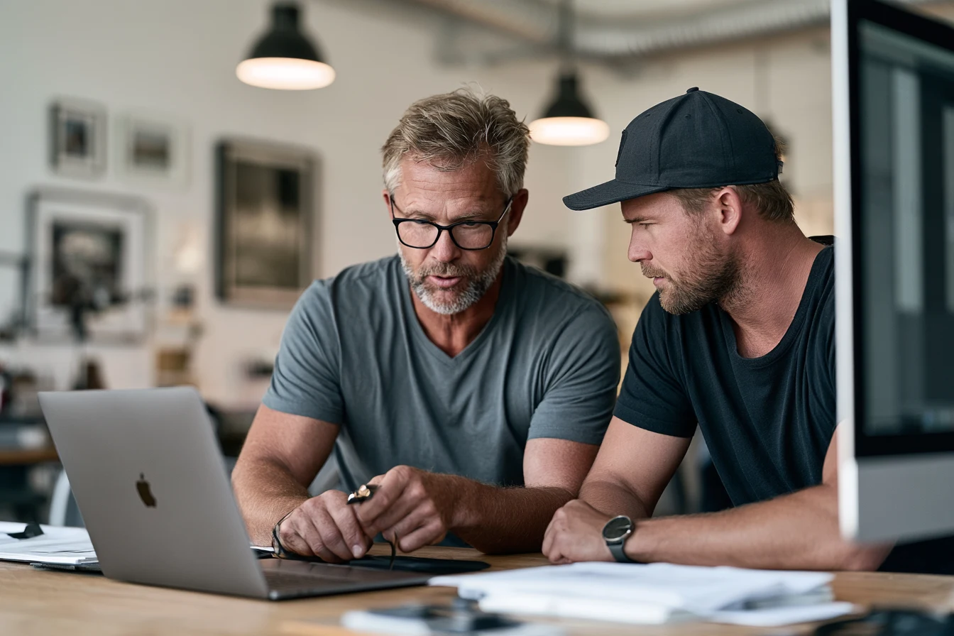 An experienced colleague and a younger teammate reviewing work together on a laptop.