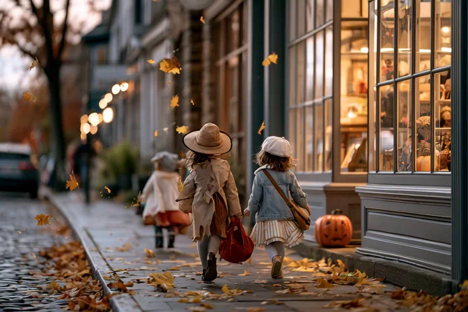 Children in Halloween costumes walking past a warmly lit neighborhood shop.