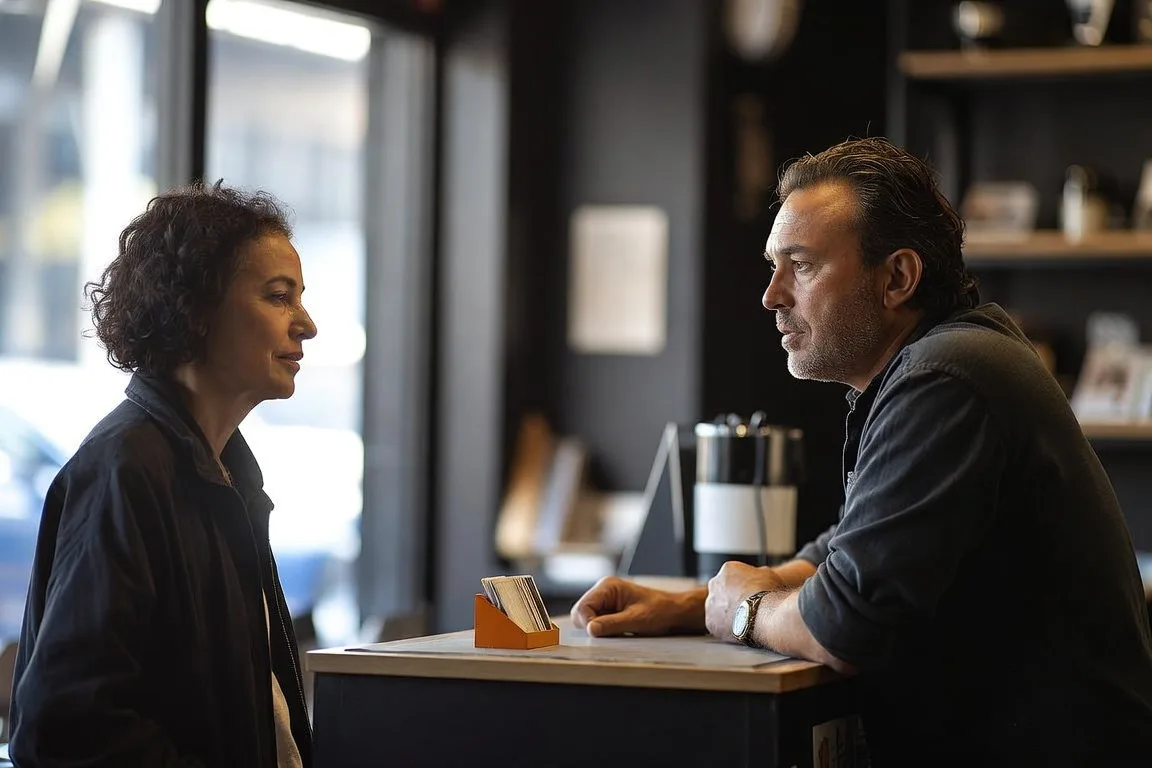 A business owner talking with a customer at the shop counter